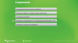 © 2002-2013 Nuance Communications, Inc. All rights reserved. Page 11© 2002-2013 Nuance Communications, Inc. All rights reserved. Page 11
Содержание
Примеры успешных внедрений
Основные возможности и преимущества Equitrac v5.2
О решении Equitrac
Типичные задачи, стоящие перед клиентами
О компании Nuance Communications
 