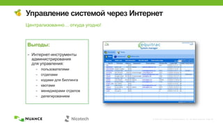 © 2002-2013 Nuance Communications, Inc. All rights reserved. Page 35
Управление системой через Интернет
Централизованно… откуда угодно!
Выгоды:
− Интернет-инструменты
администрирования
для управления:
− пользователями
− отделами
− кодами для биллинга
− квотами
− менеджерами отделов
− делегированием
 