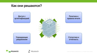 © 2002-2013 Nuance Communications, Inc. All rights reserved. Page 5
Как они решаются?
Доступ с
аутентификацией
Политики и
правила печати
Упреждающие
уведомления
Статистика и
отчѐтность
 