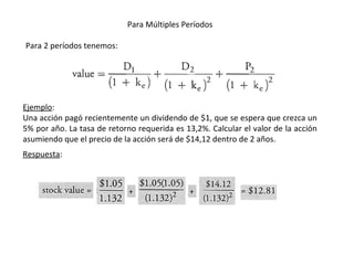 Para Múltiples Períodos
Para 2 períodos tenemos:
Ejemplo:
Una acción pagó recientemente un dividendo de $1, que se espera que crezca un
5% por año. La tasa de retorno requerida es 13,2%. Calcular el valor de la acción
asumiendo que el precio de la acción será de $14,12 dentro de 2 años.
Respuesta:
 