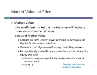 Market 
Value 
or 
Price 
¨ Market 
Value 
¤ In 
an 
efficient 
market 
the 
market 
value 
will 
fluctuate 
randomly 
from 
the 
fair 
value 
¤ Basis 
of 
Market 
Value 
n Amount 
an 
“arm 
length” 
buyer 
is 
willing 
to 
pay 
today 
for 
the 
firm’s 
future 
free 
cash 
flow 
n There 
is 
a 
control 
premium 
if 
buying 
controlling 
interest 
n For 
a 
publically 
traded 
firm 
we 
know 
the 
market 
price 
of 
its 
equity 
and 
debt 
n Financial 
newspapers 
publish 
the 
market 
value 
of 
a 
share 
of 
common 
stock 
n E 
= 
ns 
·∙ 
p 
5 
Google’s market value 
to book value ratio 
 