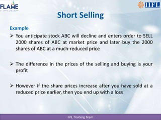 Short SellingExampleYou anticipate stock ABC will decline and enters order to SELL 2000 shares of ABC at market price and later buy the 2000 shares of ABC at a much-reduced price The difference in the prices of the selling and buying is your profitHowever if the share prices increase after you have sold at a reduced price earlier, then you end up with a loss