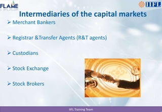 Intermediaries of the capital marketsMerchant BankersRegistrar &Transfer Agents (R&T agents)CustodiansStock ExchangeStock Brokers
