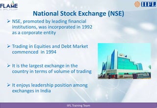 National Stock Exchange (NSE)NSE, promoted by leading financial institutions, was incorporated in 1992 as a corporate entityTrading in Equities and Debt Market commenced  in 1994It is the largest exchange in the country in terms of volume of tradingIt enjoys leadership position among exchanges in India