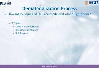Dematerialization ProcessHow many copies of DRF are made and who all get them?3 CopiesClient / Account HolderDepository participantR & T agent