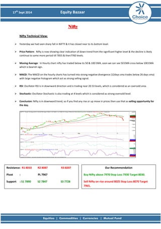 17th Sept 2014 Equity Bazaar 
Nifty 
Nifty Technical View: 
 Yesterday we had seen sharp fall in NIFTY & it has closed near to its bottom level. 
 Price Pattern: Nifty is now showing clear indication of down trend from the significant higher level & the decline is likely continue to some more period till 7855 & then7760 levels. 
 Moving Average: In Hourly chart nifty has traded below its 50 & 100 EMA, soon we can see 50 EMA cross below 100 EMA which is bearish sign. 
 MACD: The MACD on the hourly charts has turned into strong negative divergence (12days sma trades below 26 days sma) with large negative histogram which act as strong selling signal. 
 RSI: Oscillator RSI is in downward direction and is trading near 20.53 levels, which is considered as an oversold area. 
 Stochastic: Oscillator Stochastic is also trading at 4 levels which is considered as strong oversold level. 
 Conclusion: Nifty is in downward trend, so if you find any rise or up move in prices then use that as selling opportunity for the day. 
Resistance: R1 8010 R2 8087 R3 8207 
Pivot : PL 7967 
Support : S1 7890 S2 7847 S3 7728 
Our Recommendation 
Buy Nifty above 7970 Stop Loss 7930 Target 8030. 
Sell Nifty on rise around 8025 Stop Loss 8070 Target 7965. 
 