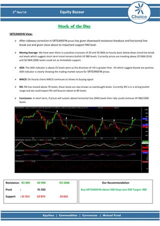 3rd Nov’14 Equity Bazaar 
Stock of the Day 
SRTEANSFIN View: 
 After sideway correction in SRTEANSFIN prices has given downward resistance breakout and horizontal line break out and given close above its important support 940 level. 
 Moving Average: We have seen there is a positive crossover of 20 and 50 SMA on hourly basis below down trend line break out levels which suggest short term trend remains bullish till 980 levels. Currently prices are treading above 20 SMA (914) and 50 SMA (908) levels could act as immediate support. 
 ADX: The ADX indicator is above 25 levels were as the direction of +DI is greater than –DI which suggest biased are positive. ADX indicator is clearly showing the trading market nature for SRTEANSFIN prices. 
 MACD: On hourly charts MACD continues to shows its buying signal. 
 RSI: RSI has moved above 70 levels, these levels are also known as overbought levels. Currently RSI is in a strong bullish range and we could expect RSI will bounce above to 80 levels. 
 Conclusion: In short term, if prices will sustain above horizontal line (940) levels then rally could continue till 980/1000 levels. 
Resistance: R1 969 R2 990 R3 1048 
Pivot : PL 932 
Support : S1 911 S2 874 S3 816 
Our Recommendation 
Buy SRTEANSFIN above 948 Stop Loss 930 Target: 980 
 