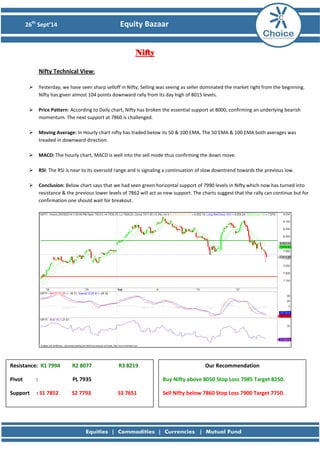 26th Sept’14 Equity Bazaar 
Nifty 
Nifty Technical View: 
 Yesterday, we have seen sharp selloff in Nifty, Selling was seeing as seller dominated the market right from the beginning. Nifty has given almost 104 points downward rally from its day high of 8015 levels. 
 Price Pattern: According to Daily chart, Nifty has broken the essential support at 8000, confirming an underlying bearish momentum. The next support at 7860 is challenged. 
 Moving Average: In Hourly chart nifty has traded below its 50 & 100 EMA, The 50 EMA & 100 EMA both averages was treaded in downward direction. 
 MACD: The hourly chart, MACD is well into the sell mode thus confirming the down move. 
 RSI: The RSI is near to its oversold range and is signaling a continuation of slow downtrend towards the previous low. 
 Conclusion: Below chart says that we had seen green horizontal support of 7990 levels in Nifty which now has turned into resistance & the previous lower levels of 7862 will act as new support. The charts suggest that the rally can continue but for confirmation one should wait for breakout. 
Resistance: R1 7994 R2 8077 R3 8219 
Pivot : PL 7935 
Support : S1 7852 S2 7793 S3 7651 
Our Recommendation 
Buy Nifty above 8050 Stop Loss 7985 Target 8250. 
Sell Nifty below 7860 Stop Loss 7900 Target 7750. 
 
