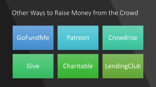 Other Ways to Raise Money from the Crowd
GoFundMe Patreon Crowdrise
Give Charitable LendingClub
 