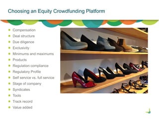 Choosing an Equity Crowdfunding Platform
● Compensation
● Deal structure
● Due diligence
● Exclusivity
● Minimums and maxi...