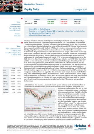 Helaba Floor Research

                                                  Equity Daily                                                                                                        3. August 2012




                                                                         Indikation                     Unterstützungen                Widerstände                    Handelsbreite
                                                   DAX                   6.606                          6.560 / 6.490                  6.690 / 6.755                  6.480 / 6.720
                                Autor:
                                                   EuroStoxx 50          2.258                          2.234 / 2.170                  2.271 / 2.288                  2.210 / 2.300
                  Christian Schmidt
               Technischer Analyst
              Tel.: 0 69/91 32-2388
                                                           Aktienmärkte im Rückwärtsgang
              research@helaba.de
                                                           Eurokrise: es wird erwartet, dass die EZB im September mit dem Kauf von italienischen
                                                            und spanischen Anleihen beginnen wird
                           Redaktion:
                          Viola Julien
                                                           Allianz-Zahlen besser als erwartet



                                                  Wichtige Notenbanken haben ihre Geldpolitik zum Teil gelockert und/ oder zum Ausdruck ge-
                                                  bracht, notfalls zusätzliche Maßnahmen ergreifen zu wollen. Die US-Notenbank hat zwar keine
                                                  Veränderung vorgenommen. Durch ein konjunkturkritisches Statement bleiben aber Erwartungen
                                Sales:            am Leben erhalten, dass die Fed möglicherweise auf der nächsten FOMC-Sitzung Mitte September
       Aktien- und Anlageprodukte
                                                  Lockerungen beschließen wird. Auch die EZB hat die Leitzinsen nicht angetastet, dafür aber ange-
                                                  kündigt, möglicherweise den Ankauf von Staatsanleihen am Sekundärmarkt vorzunehmen.
                    0 69/91 32-31 49
                                                  EZBPräsident Draghi bezeichnete die hohen Renditeniveaus in einigen EWU-Staaten als inakzep-
       Eurex Futures Options Desk
                                                  tabel. In den kommenden Wochen werde die EZB daher ein Programm ausarbeiten, das allerdings
                    0 69/91 32-18 33              keine Neuauflage des seit März ruhenden SMP-Anleihekaufprogramms sei. Draghi implizierte
                                                  zudem, dass die betreffenden Staaten wohl erst die EFSF in Anspruch nehmen müssen, bevor die
                                                  EZB aktiv wird. Dass Staaten ihre Reformverpflichtungen einhalten und EFSF/ ESM ihre Rollen
                                                  erfüllen sei eine notwendige, aber noch keine hinreichende Bedingungen für ein Eingreifen der
                                                  EZB. Marktseitig gilt heute die größte Aufmerksamkeit dem US-Arbeitsmarktbericht. Der Be-
                                                  schäftigungsreport des Arbeitsmarktdienstleisters ADP hat ein Stellenplus von 163 Tsd. gemeldet
                                                  und deutet im Juli einen anhaltenden Stellenaufbau an. Alles in allem dürfte der offizielle Ar-
                    V ortag           %           beitsmarktbericht ein moderates Stellenplus aufweisen. Die Konsensschätzung von 100 Tsd. nach
DA X              6.606,09       -2,20%           80 Tsd. erscheint angemessen. Derweil wird die Arbeitslosenquote wohl bei 8,2 % verharren. Das
                                                  Tempo des Stellenaufbaus wird gegenüber dem Vormonat leicht steigen. Dennoch bleibt die Erho-
DA X L.           6.586,61       -2,49%
                                                  lung hinter den Erwartungen der US-Notenbank zurück, sodass Spekulationen auf weitere geldpo-
Stoxx 50          2.472,55       -0,81%           litische Maßnahmen nicht abebben. Neben dem US-Arbeitsmarktbericht steht heute der ISM-Index
                                                  des Dienstleistungssektors im Kalender, der kaum verändert bei 52,0 erwartet wird. Im Vorfeld
Dow              12.878,88      -0,71%
                                                  des US-Arbeitsmarktberichts werden die europäischen Service-PMIs eine nur untergeordnete
Nas daq           2.909,77      -0,36%            Rolle spielen.
S&P 500           1.365,00       -0,74%
                                                  Aktienmärkte: Der deutsche Aktienmarkt startete gestern mit einer leicht freundlichen Note in
Nikkei            8.557,03      -1,11%            den Handel. Bis zum Nachmittag wurden die Gewinne nochmals ausgebaut, wenngleich auch
                                                                                                       festgestellt werden konnte, dass sich im Vor-
Öl (Brent)          108,31       0,73%
                                                                                                       feld der wichtigen EZB-Sitzung viele Markt-
EUR-USD             1,2180      -0,36%                                                                 teilnehmer zurückhielten. Die EZB beließ die
                                                                                                       Zinsen unverändert, was ohnehin erwartet
                                                                                                       wurde. Das Hauptaugenmerk war vielmehr
                                                                                                       auf die anschließende Pressekonferenz ge-
                                                                                                       richtet. Mit großer Spannung wurden Aussa-
                                                                                                       gen der Notenbanker erwartet, was diese als
                                                                                                       nächsten Schritt vorhat. Von unkonventionel-
                                                                                                       len- und geldpolitischen Maßnahmen am
                                                                                                       offenen Markt war die Rede. Mit Anleihe-
                                                                                                       käufen wolle die EZB klammen Staaten erst
                                                                                                       dann helfen, wenn die Euro-Rettungsschirme
                                                                                                       am Bondmarkt aktiv werden, hieß es. Gegen
                                                  die Möglichkeit, den ESM mit einer Banklizenz auszustatten, hat man sich ausgesprochen. Die
                                                  Aktienmärkte zeigten sich enttäuscht, was in der Folge für deutliche Kursabschläge sorgte. Wäh-
                                                  rend der Dax auf Schlusskursbasis um 2,20% auf 6.606,09 Zähler verlor (das Tageshoch wurde bei
                                                  6.855 Zählern markiert), ging es für den Ibex um deutliche 5,16% und für den italienischen


          Herausgeber: Helaba Volkswirtschaft/Research, verantwortlich: Dr. G. R. Traud, Chefvolkswirt/Leitung Research, Neue Mainzer Straße 52-58, 60311
          Frankfurt am Main, Telefon: 069/9132-2024, Internet: http://www.helaba.de. Die Publikation ist mit größter Sorgfalt bearbeitet worden. Sie enthält jedoch
          lediglich unverbindliche Analysen und Prognosen zu den gegenwärtigen und zukünftigen Marktverhältnissen. Die Angaben beruhen auf Quellen, die wir für
          zuverlässig halten, für deren Richtigkeit, Vollständigkeit oder Aktualität wir aber keine Gewähr übernehmen können. Sämtliche in dieser Publikation
          getroffenen Angaben dienen der Information. Sie dürfen nicht als Angebot oder Empfehlung für Anlageentscheidungen verstanden werden.
 