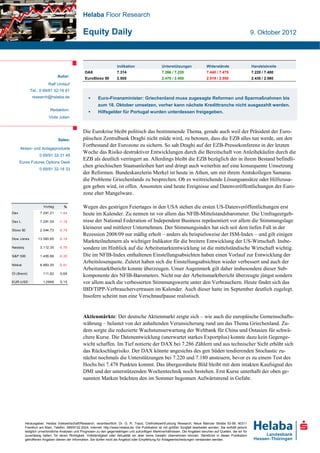 Helaba Floor Research

                                                  Equity Daily                                                                                                        9. Oktober 2012




                                                                         Indikation                     Unterstützungen                Widerstände                    Handelsbreite
                                                   DAX                   7.314                          7.266 / 7.220                  7.440 / 7.478                  7.220 / 7.400
                                Autor:             EuroStoxx 50          2.505                          2.470 / 2.450                  2.519 / 2.550                  2.430 / 2.560
                          Ralf Umlauf
             Tel.: 0 69/91 32-18 91
              research@helaba.de                           Euro-Finanzminister: Griechenland muss zugesagte Reformen und Sparmaßnahmen bis
                                                            zum 18. Oktober umsetzen, vorher kann nächste Kredittranche nicht ausgezahlt werden.
                           Redaktion:
                                                           Hilfsgelder für Portugal wurden unterdessen freigegeben.
                          Viola Julien


                                                  Die Eurokrise bleibt politisch das bestimmende Thema, gerade auch weil der Präsident der Euro-
                                Sales:            päischen Zentralbank Draghi nicht müde wird, zu betonen, dass die EZB alles tun werde, um den
                                                  Fortbestand der Eurozone zu sichern. So sah Draghi auf der EZB-Pressekonferenz in der letzten
      Aktien- und Anlageprodukte
                                                  Woche das Risiko destruktiver Entwicklungen durch die Bereitschaft von Anleihekäufen durch die
                    0 69/91 32-31 49
                                                  EZB als deutlich verringert an. Allerdings bleibt die EZB bezüglich der in ihrem Bestand befindli-
      Eurex Futures Options Desk
                                                  chen griechischen Staatsanleihen hart und dringt auch weiterhin auf eine konsequente Umsetzung
                    0 69/91 32-18 33
                                                  der Reformen. Bundeskanzlerin Merkel ist heute in Athen, um mit ihrem Amtskollegen Samaras
                                                  die Probleme Griechenlands zu besprechen. Ob es weitreichende Lösungsansätze oder Hilfszusa-
                                                  gen geben wird, ist offen. Ansonsten sind heute Ereignisse und Datenveröffentlichungen der Euro-
                                                  zone eher Mangelware.

                      Vortag        %             Wegen des gestrigen Feiertages in den USA stehen die ersten US-Datenveröffentlichungen erst
Dax                 7.291,21     -1,44            heute im Kalender. Zu nennen ist vor allem das NFIB-Mittelstandsbarometer. Die Umfrageergeb-
Dax L.              7.291,59     -1,19            nisse der National Federation of Independent Business repräsentiert vor allem die Stimmungslage
Stoxx 50            2.544,73     -0,79
                                                  kleinerer und mittlerer Unternehmen. Der Stimmungsindex hat sich seit dem tiefen Fall in der
                                                  Rezession 2008/09 nur mäßig erholt – anders als beispielsweise der ISM-Index – und gilt einigen
Dow J ones         13.583,65     -0,19
                                                  Marktteilnehmern als wichtiger Indikator für die breitere Entwicklung der US-Wirtschaft. Insbe-
Nasdaq              3.112,35     -0,76            sondere im Hinblick auf die Arbeitsmarktentwicklung ist die mittelständische Wirtschaft wichtig.
S&P 500             1.455,88     -0,35            Die im NFIB-Index enthaltenen Einstellungsabsichten haben einen Vorlauf zur Entwicklung der
                                                  Arbeitslosenquote. Zuletzt haben sich die Einstellungsabsichten wieder verbessert und auch der
Nikk ei             8.863,30     -0,91
                                                  Arbeitsmarktbericht konnte überzeugen. Unser Augenmerk gilt daher insbesondere dieser Sub-
Öl (Brent)            111,82      0,69
                                                  komponente des NFIB-Barometers. Nicht nur der Arbeitsmarktbericht überzeugte jüngst sondern
EUR-USD               1,2968      0,15            vor allem auch die verbesserten Stimmungswerte unter den Verbrauchern. Heute findet sich das
                                                  IBD/TIPP-Verbrauchervertrauen im Kalender. Auch dieser hatte im September deutlich zugelegt.
                                                  Insofern scheint nun eine Verschnaufpause realistisch.


                                                  Aktienmärkte: Der deutsche Aktienmarkt zeigte sich – wie auch die europäische Gemeinschafts-
                                                  währung – belastet von der anhaltenden Verunsicherung rund um das Thema Griechenland. Zu-
                                                  dem sorgte die reduzierte Wachstumserwartung der Weltbank für China und Ostasien für schwä-
                                                  chere Kurse. Die Datenentwicklung (unerwartet starkes Exportplus) konnte dazu kein Gegenge-
                                                  wicht schaffen. Im Tief notierte der DAX bei 7.286 Zählern und aus technischer Sicht erhöht sich
                                                  das Rückschlagrisiko. Der DAX könnte angesichts des gen Süden tendierenden Stochastic zu-
                                                  nächst nochmals die Unterstützungen bei 7.220 und 7.180 ansteuern, bevor es zu einem Test des
                                                  Hochs bei 7.478 Punkten kommt. Das übergeordnete Bild bleibt mit dem intakten Kaufsignal des
                                                  DMI und der unterstützenden Wochentechnik noch bestehen. Erst Kurse unterhalb der oben ge-
                                                  nannten Marken brächten den im Sommer begonnen Aufwärtstrend in Gefahr.




          Herausgeber: Helaba Volkswirtschaft/Research, verantwortlich: Dr. G. R. Traud, Chefvolkswirt/Leitung Research, Neue Mainzer Straße 52-58, 60311
          Frankfurt am Main, Telefon: 069/9132-2024, Internet: http://www.helaba.de. Die Publikation ist mit größter Sorgfalt bearbeitet worden. Sie enthält jedoch
          lediglich unverbindliche Analysen und Prognosen zu den gegenwärtigen und zukünftigen Marktverhältnissen. Die Angaben beruhen auf Quellen, die wir für
          zuverlässig halten, für deren Richtigkeit, Vollständigkeit oder Aktualität wir aber keine Gewähr übernehmen können. Sämtliche in dieser Publikation
          getroffenen Angaben dienen der Information. Sie dürfen nicht als Angebot oder Empfehlung für Anlageentscheidungen verstanden werden.
 