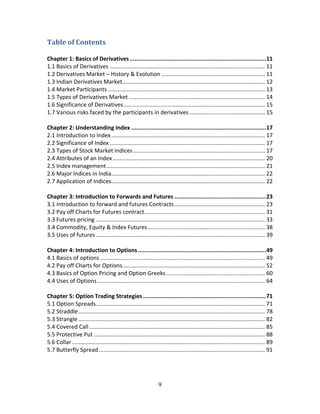 9
Table	of	Contents	
Chapter 1: Basics of Derivatives .................................................................................. 11 
1.1 Basics of Derivatives ................................................................................................... 11 
1.2 Derivatives Market – History & Evolution .................................................................. 11 
1.3 Indian Derivatives Market ........................................................................................... 12 
1.4 Market Participants .................................................................................................... 13 
1.5 Types of Derivatives Market ....................................................................................... 14 
1.6 Significance of Derivatives .......................................................................................... 15 
1.7 Various risks faced by the participants in derivatives ................................................ 15 
 
Chapter 2: Understanding Index ................................................................................. 17 
2.1 Introduction to Index .................................................................................................. 17 
2.2 Significance of Index ................................................................................................... 17 
2.3 Types of Stock Market Indices .................................................................................... 17 
2.4 Attributes of an Index ................................................................................................. 20 
2.5 Index management ..................................................................................................... 21 
2.6 Major Indices in India .................................................................................................. 22 
2.7 Application of Indices .................................................................................................. 22 
 
Chapter 3: Introduction to Forwards and Futures ....................................................... 23 
3.1 Introduction to forward and futures Contracts .......................................................... 23 
3.2 Pay off Charts for Futures contract ............................................................................. 31 
3.3 Futures pricing ............................................................................................................ 33 
3.4 Commodity, Equity & Index Futures ........................................................................... 38 
3.5 Uses of futures ............................................................................................................ 39 
 
Chapter 4: Introduction to Options ............................................................................. 49 
4.1 Basics of options ......................................................................................................... 49 
4.2 Pay off Charts for Options ........................................................................................... 52 
4.3 Basics of Option Pricing and Option Greeks ............................................................... 60 
4.4 Uses of Options ........................................................................................................... 64 
 
Chapter 5: Option Trading Strategies .......................................................................... 71 
5.1 Option Spreads ............................................................................................................ 71 
5.2 Straddle ....................................................................................................................... 78 
5.3 Strangle ....................................................................................................................... 82 
5.4 Covered Call ................................................................................................................ 85 
5.5 Protective Put ............................................................................................................. 88 
5.6 Collar ........................................................................................................................... 89 
5.7 Butterfly Spread .......................................................................................................... 91 
 
 
 