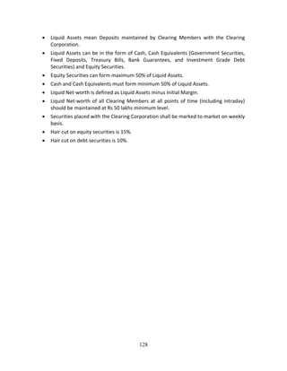 128
 Liquid  Assets  mean  Deposits  maintained  by  Clearing  Members  with  the  Clearing 
Corporation. 
 Liquid Assets can be in the form of Cash, Cash Equivalents (Government Securities, 
Fixed  Deposits,  Treasury  Bills,  Bank  Guarantees,  and  Investment  Grade  Debt 
Securities) and Equity Securities. 
 Equity Securities can form maximum 50% of Liquid Assets. 
 Cash and Cash Equivalents must form minimum 50% of Liquid Assets. 
 Liquid Net‐worth is defined as Liquid Assets minus Initial Margin. 
 Liquid Net‐worth of all Clearing Members at all points of time (including intraday) 
should be maintained at Rs 50 lakhs minimum level. 
 Securities placed with the Clearing Corporation shall be marked to market on weekly 
basis. 
 Hair cut on equity securities is 15%. 
 Hair cut on debt securities is 10%. 
 
