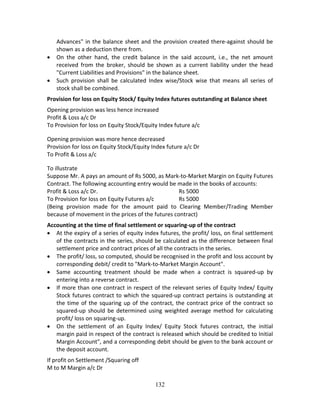132
Advances" in the balance sheet and the provision created there‐against should be 
shown as a deduction there from. 
 On  the  other  hand,  the  credit  balance  in  the  said  account,  i.e.,  the  net  amount 
received  from  the  broker,  should  be  shown  as  a  current  liability  under  the  head 
"Current Liabilities and Provisions" in the balance sheet. 
 Such  provision  shall  be  calculated  Index  wise/Stock  wise  that  means  all  series  of 
stock shall be combined. 
Provision for loss on Equity Stock/ Equity Index futures outstanding at Balance sheet  
Opening provision was less hence increased  
Profit & Loss a/c Dr 
To Provision for loss on Equity Stock/Equity Index future a/c  
Opening provision was more hence decreased 
Provision for loss on Equity Stock/Equity Index future a/c Dr  
To Profit & Loss a/c 
To illustrate 
Suppose Mr. A pays an amount of Rs 5000, as Mark‐to‐Market Margin on Equity Futures 
Contract. The following accounting entry would be made in the books of accounts:  
Profit & Loss a/c Dr.          Rs 5000 
To Provision for loss on Equity Futures a/c     Rs 5000 
(Being  provision  made  for  the  amount  paid  to  Clearing  Member/Trading  Member 
because of movement in the prices of the futures contract)   
Accounting at the time of final settlement or squaring‐up of the contract 
 At the expiry of a series of equity index futures, the profit/ loss, on final settlement 
of the contracts in the series, should be calculated as the difference between final 
settlement price and contract prices of all the contracts in the series. 
 The profit/ loss, so computed, should be recognised in the profit and loss account by 
corresponding debit/ credit to "Mark‐to‐Market Margin Account". 
 Same  accounting  treatment  should  be  made  when  a  contract  is  squared‐up  by 
entering into a reverse contract. 
 If more than one contract in respect of the relevant series of Equity Index/ Equity 
Stock futures contract to which the squared‐up contract pertains is outstanding at 
the time of the squaring up of the contract, the contract price of the contract so 
squared‐up  should  be  determined using  weighted  average  method  for  calculating 
profit/ loss on squaring‐up. 
 On  the  settlement  of  an  Equity  Index/  Equity  Stock  futures  contract,  the  initial 
margin paid in respect of the contract is released which should be credited to Initial 
Margin Account", and a corresponding debit should be given to the bank account or 
the deposit account.  
If profit on Settlement /Squaring off  
M to M Margin a/c Dr 
 