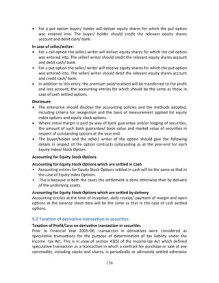 136
 For a put option buyer/ holder will deliver equity shares for which the put option 
was  entered  into.  The  buyer/  holder  should  credit  the  relevant  equity  shares 
account and debit cash/ bank.  
In case of seller/writer: 
 For a call option the seller/ writer will deliver equity shares for which the call option 
was entered into. The seller/ writer should credit the relevant equity shares account 
and debit cash/ bank. 
 For a put option the seller/ writer will receive equity shares for which the put option 
was entered into. The seller/ writer should debit the relevant equity shares account 
and credit cash/ bank. 
 In addition to this entry, the premium paid/received will be transferred to the profit 
and loss account, the accounting entries for which should be the same as those in 
case of cash settled options. 
Disclosure 
 The  enterprise  should  disclose  the  accounting  policies  and  the  methods  adopted, 
including criteria for recognition and the basis of measurement applied for equity 
index options and equity stock options. 
 Where initial margin is paid by way of bank guarantee and/or lodging of securities, 
the amount of such bank guarantee/ book value and market value of securities in 
respect of outstanding options at the year end. 
 The  buyer/holder  and  the  seller/  writer  of  the  option  should  give  the  following 
details in respect of the option contracts outstanding as at the year‐end for each 
Equity Index/ Stock Option. 
Accounting for Equity Stock Options 
Accounting for Equity Stock Options which are settled in Cash 
•    Accounting entries for Equity Stock Options settled in cash will be the same as that in 
the case of Equity Index Options. 
•    This is because in both the cases the settlement is done otherwise than by delivery 
of the underlying assets. 
Accounting for Equity Stock Options which are settled by delivery 
Accounting entries at the time of inception, daily receipt/ payment of margin and open 
options at the balance sheet date will be the same as that in the case of cash settled 
options. 
 
9.2 Taxation of derivative transaction in securities 
Taxation of Profit/Loss on derivative transaction in securities 
Prior  to  Financial  Year  2005–06,  transaction  in  derivatives  were  considered  as 
speculative  transactions  for  the  purpose  of  determination  of  tax  liability  under  the 
Income ‐tax Act. This is in view of section 43(5) of the Income‐tax Act which defined 
speculative transaction as a transaction in which a contract for purchase or sale of any 
commodity, including stocks and shares, is periodically or ultimately settled otherwise 
 