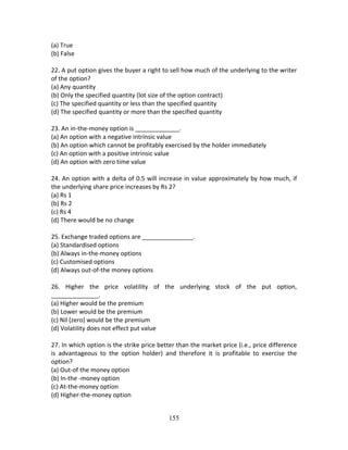 155
(a) True 
(b) False 
 
22. A put option gives the buyer a right to sell how much of the underlying to the writer 
of the option? 
(a) Any quantity 
(b) Only the specified quantity (lot size of the option contract) 
(c) The specified quantity or less than the specified quantity 
(d) The specified quantity or more than the specified quantity 
 
23. An in‐the‐money option is _____________. 
(a) An option with a negative intrinsic value 
(b) An option which cannot be profitably exercised by the holder immediately 
(c) An option with a positive intrinsic value 
(d) An option with zero time value 
 
24. An option with a delta of 0.5 will increase in value approximately by how much, if 
the underlying share price increases by Rs 2? 
(a) Rs 1 
(b) Rs 2 
(c) Rs 4 
(d) There would be no change 
 
25. Exchange traded options are _______________. 
(a) Standardised options 
(b) Always in‐the‐money options 
(c) Customised options 
(d) Always out‐of‐the money options 
 
26.  Higher  the  price  volatility  of  the  underlying  stock  of  the  put  option, 
______________. 
(a) Higher would be the premium 
(b) Lower would be the premium 
(c) Nil (zero) would be the premium 
(d) Volatility does not effect put value 
 
27. In which option is the strike price better than the market price (i.e., price difference 
is  advantageous  to  the  option  holder)  and  therefore  it  is  profitable  to  exercise  the 
option? 
(a) Out‐of the money option 
(b) In‐the ‐money option 
(c) At‐the‐money option 
(d) Higher‐the‐money option 
 
 