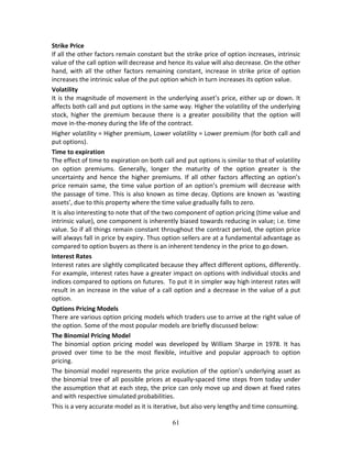 61
Strike Price 
If all the other factors remain constant but the strike price of option increases, intrinsic 
value of the call option will decrease and hence its value will also decrease. On the other 
hand, with all the other factors remaining constant, increase in strike price of option 
increases the intrinsic value of the put option which in turn increases its option value.  
Volatility 
It is the magnitude of movement in the underlying asset’s price, either up or down. It 
affects both call and put options in the same way. Higher the volatility of the underlying 
stock,  higher  the  premium  because  there  is  a  greater  possibility  that  the  option  will 
move in‐the‐money during the life of the contract.  
Higher volatility = Higher premium, Lower volatility = Lower premium (for both call and 
put options). 
Time to expiration 
The effect of time to expiration on both call and put options is similar to that of volatility 
on  option  premiums.  Generally,  longer  the  maturity  of  the  option  greater  is  the 
uncertainty  and  hence  the  higher  premiums.  If  all  other  factors  affecting  an  option’s 
price remain same, the time value portion of an option’s premium will decrease with 
the passage of time. This is also known as time decay. Options are known as ‘wasting 
assets’, due to this property where the time value gradually falls to zero. 
It is also interesting to note that of the two component of option pricing (time value and 
intrinsic value), one component is inherently biased towards reducing in value; i.e. time 
value. So if all things remain constant throughout the contract period, the option price 
will always fall in price by expiry. Thus option sellers are at a fundamental advantage as 
compared to option buyers as there is an inherent tendency in the price to go down. 
Interest Rates 
Interest rates are slightly complicated because they affect different options, differently. 
For example, interest rates have a greater impact on options with individual stocks and 
indices compared to options on futures.  To put it in simpler way high interest rates will 
result in an increase in the value of a call option and a decrease in the value of a put 
option.  
Options Pricing Models 
There are various option pricing models which traders use to arrive at the right value of 
the option. Some of the most popular models are briefly discussed below: 
The Binomial Pricing Model 
The  binomial  option  pricing  model  was  developed  by  William  Sharpe  in  1978.  It  has 
proved  over  time  to  be  the  most  flexible,  intuitive  and  popular  approach  to  option 
pricing.  
The binomial model represents the price evolution of the option’s underlying asset as 
the binomial tree of all possible prices at equally‐spaced time steps from today under 
the assumption that at each step, the price can only move up and down at fixed rates 
and with respective simulated probabilities. 
This is a very accurate model as it is iterative, but also very lengthy and time consuming. 
 