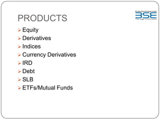PRODUCTS
 Equity
 Derivatives
 Indices
 Currency Derivatives
 IRD
 Debt
 SLB
 ETFs/Mutual Funds
 