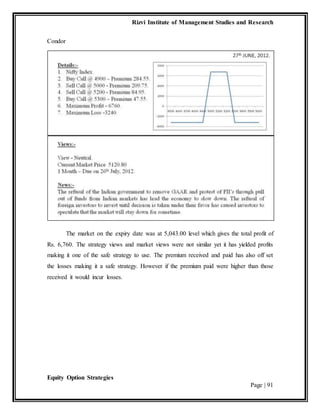 Rizvi Institute of Management Studies and Research
Equity Option Strategies
Page | 91
Condor
The market on the expiry date was at 5,043.00 level which gives the total profit of
Rs. 6,760. The strategy views and market views were not similar yet it has yielded profits
making it one of the safe strategy to use. The premium received and paid has also off set
the losses making it a safe strategy. However if the premium paid were higher than those
received it would incur losses.
 
