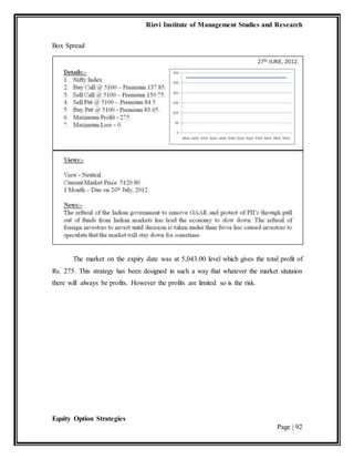 Rizvi Institute of Management Studies and Research
Equity Option Strategies
Page | 92
Box Spread
The market on the expiry date was at 5,043.00 level which gives the total profit of
Rs. 275. This strategy has been designed in such a way that whatever the market situtaion
there will always be profits. However the profits are limited so is the risk.
 