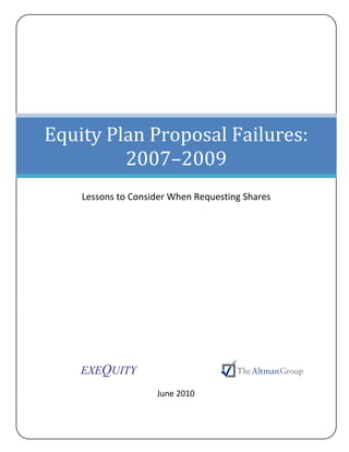  


 
 
 

 

 

 
     
 

 

 
            Equity Plan Proposal Failures:  
                     2007–2009 
     




 
                Lessons to Consider When Requesting Shares 
 
     
 

 

 

 

 

 

 

 

 
 



                EXEQUITY                                       
         
                                June 2010 
 