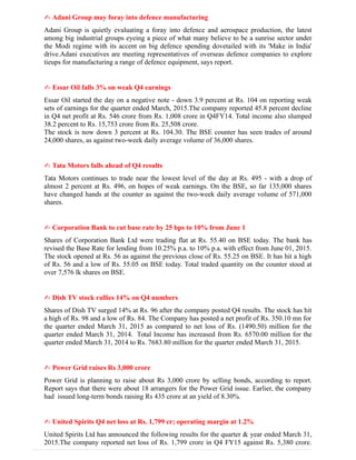 ✍ Adani Group may foray into defence manufacturing
Adani Group is quietly evaluating a foray into defence and aerospace production, the latest
among big industrial groups eyeing a piece of what many believe to be a sunrise sector under
the Modi regime with its accent on big defence spending dovetailed with its 'Make in India'
drive.Adani executives are meeting representatives of overseas defence companies to explore
tieups for manufacturing a range of defence equipment, says report.
✍ Essar Oil falls 3% on weak Q4 earnings
Essar Oil started the day on a negative note - down 3.9 percent at Rs. 104 on reporting weak
sets of earnings for the quarter ended March, 2015.The company reported 45.8 percent decline
in Q4 net profit at Rs. 546 crore from Rs. 1,008 crore in Q4FY14. Total income also slumped
38.2 percent to Rs. 15,753 crore from Rs. 25,508 crore.
The stock is now down 3 percent at Rs. 104.30. The BSE counter has seen trades of around
24,000 shares, as against two-week daily average volume of 36,000 shares.
✍ Tata Motors falls ahead of Q4 results
Tata Motors continues to trade near the lowest level of the day at Rs. 495 - with a drop of
almost 2 percent at Rs. 496, on hopes of weak earnings. On the BSE, so far 135,000 shares
have changed hands at the counter as against the two-week daily average volume of 571,000
shares.
✍ Corporation Bank to cut base rate by 25 bps to 10% from June 1
Shares of Corporation Bank Ltd were trading flat at Rs. 55.40 on BSE today. The bank has
revised the Base Rate for lending from 10.25% p.a. to 10% p.a. with effect from June 01, 2015.
The stock opened at Rs. 56 as against the previous close of Rs. 55.25 on BSE. It has hit a high
of Rs. 56 and a low of Rs. 55.05 on BSE today. Total traded quantity on the counter stood at
over 7,576 lk shares on BSE.
✍ Dish TV stock rallies 14% on Q4 numbers
Shares of Dish TV surged 14% at Rs. 96 after the company posted Q4 results. The stock has hit
a high of Rs. 98 and a low of Rs. 84. The Company has posted a net profit of Rs. 350.10 mn for
the quarter ended March 31, 2015 as compared to net loss of Rs. (1490.50) million for the
quarter ended March 31, 2014. Total Income has increased from Rs. 6570.00 million for the
quarter ended March 31, 2014 to Rs. 7683.80 million for the quarter ended March 31, 2015.
✍ Power Grid raises Rs 3,000 crore
Power Grid is planning to raise about Rs 3,000 crore by selling bonds, according to report.
Report says that there were about 18 arrangers for the Power Grid issue. Earlier, the company
had issued long-term bonds raising Rs 435 crore at an yield of 8.30%.
✍ United Spirits Q4 net loss at Rs. 1,799 cr; operating margin at 1.2%
United Spirits Ltd has announced the following results for the quarter & year ended March 31,
2015.The company reported net loss of Rs. 1,799 crore in Q4 FY15 against Rs. 5,380 crore.
 