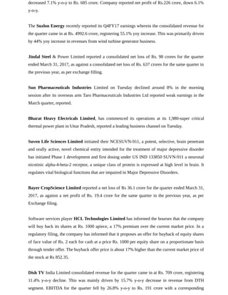 decreased 7.1% y-o-y to Rs. 685 crore. Company reported net profit of Rs.226 crore, down 6.1%
y-o-y.
The Suzlon Energy recently reported its Q4FY17 earnings wherein the consolidated revenue for
the quarter came in at Rs. 4992.6 crore, registering 55.1% yoy increase. This was primarily driven
by 44% yoy increase in revenues from wind turbine generator business.
Jindal Steel & Power Limited reported a consolidated net loss of Rs. 98 crores for the quarter
ended March 31, 2017, as against a consolidated net loss of Rs. 637 crores for the same quarter in
the previous year, as per exchange filling.
Sun Pharmaceuticals Industries Limited on Tuesday declined around 8% in the morning
session after its overseas arm Taro Pharmaceuticals Industries Ltd reported weak earnings in the
March quarter, reported.
Bharat Heavy Electricals Limited, has commenced its operations at its 1,980-super critical
thermal power plant in Uttar Pradesh, reported a leading business channel on Tuesday.
Suven Life Sciences Limited initiated their NCESUVN-911, a potent, selective, brain penetrant
and orally active, novel chemical entity intended for the treatment of major depressive disorder
has initiated Phase 1 development and first dosing under US IND 133850 SUVN-911 a neuronal
nicotinic alpha-4-beta-2 receptor, a unique class of protein is expressed at high level in brain. It
regulates vital biological functions that are impaired in Major Depressive Disorders.
Bayer CropScience Limited reported a net loss of Rs 36.1 crore for the quarter ended March 31,
2017, as against a net profit of Rs. 19.4 crore for the same quarter in the previous year, as per
Exchange filing.
Software services player HCL Technologies Limited has informed the bourses that the company
will buy back its shares at Rs. 1000 apiece, a 17% premium over the current market price. In a
regulatory filing, the company has informed that it proposes an offer for buyback of equity shares
of face value of Rs. 2 each for cash at a price Rs. 1000 per equity share on a proportionate basis
through tender offer. The buyback offer price is about 17% higher than the current market price of
the stock at Rs 852.35.
Dish TV India Limited consolidated revenue for the quarter came in at Rs. 709 crore, registering
11.4% y-o-y decline. This was mainly driven by 15.7% y-o-y decrease in revenue from DTH
segment. EBITDA for the quarter fell by 26.8% y-o-y to Rs. 191 crore with a corresponding
 