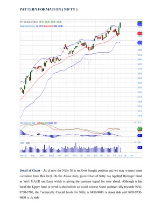 PATTERN FORMATION ( NIFTY )
Detail of Chart - As of now the Nifty 50 is on Over bought position and we may witness some
correction from this level. On the Above daily given Chart of Nifty has Applied Bollinger Band
as Well MACD oscillator which is giving the cautious signal for time ahead. Although it has
break the Upper Band or trend is also bullish we could witness Some positive rally towards 9650-
9700-9780, the Technically Crucial levels for Nifty is 9430-9480 Is down side and 9670-9730-
9800 is Up side
 
