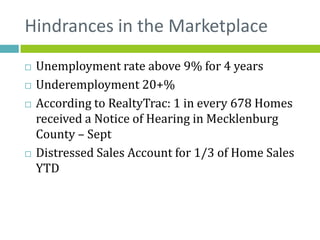 Hindrances in the Marketplace
   Unemployment rate above 9% for 4 years
   Underemployment 20+%
   According to RealtyTrac: 1 in every 678 Homes
    received a Notice of Hearing in Mecklenburg
    County – Sept
   Distressed Sales Account for 1/3 of Home Sales
    YTD
 