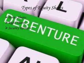Types of Equity Shares
Bonus Shares.
Right Shares.
Security Receipts
 