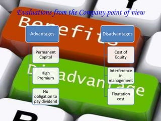 Evaluations from the Company point of view
Advantages
Permanent
Capital
High
Premium
No
obligation to
pay dividend
Disadvantages
Cost of
Equity
Interference
in
management
Floatation
cost
 