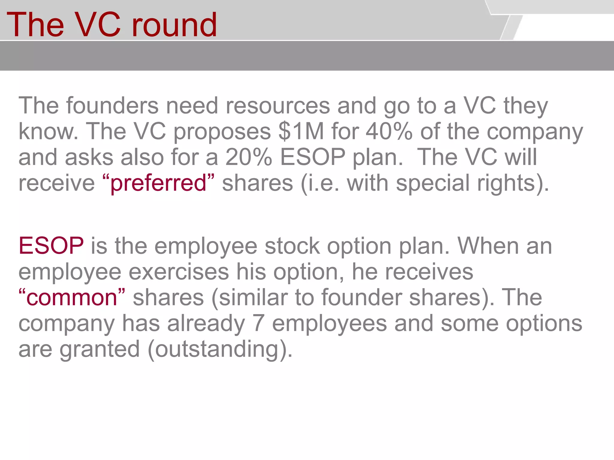 © Service des relations industrielles (SRI)© EPFL
The VC round
The founders need resources and go to a VC they
know. The VC proposes $1M for 40% of the company
and asks also for a 20% ESOP plan. The VC will
receive “preferred” shares (i.e. with special rights).
ESOP is the employee stock option plan. When an
employee exercises his option, he receives
“common” shares (similar to founder shares). The
company has already 7 employees and some options
are granted (outstanding).
 