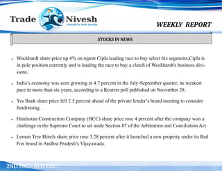 WEEKLY REPORT
2ND DEC– 6TH DEC
 Wockhardt share price up 4% on report Cipla leading race to buy select biz segments,Cipla is
in pole position currently and is leading the race to buy a clutch of Wockhardt's business divi-
sions.
 India’s economy was seen growing at 4.7 percent in the July-September quarter, its weakest
pace in more than six years, according to a Reuters poll published on November 28.
 Yes Bank share price fell 2.5 percent ahead of the private lender’s board meeting to consider
fundraising.
 Hindustan Construction Company (HCC) share price rose 4 percent after the company won a
challenge in the Supreme Court to set aside Section 87 of the Arbitration and Conciliation Act.
 Lemon Tree Hotels share price rose 3.28 percent after it launched a new property under its Red
Fox brand in Andhra Pradesh’s Vijayawada.
STOCKS IN NEWS
 