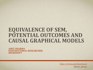 EQUIVALENCE OF SEM,
POTENTIAL OUTCOMES AND
CAUSAL GRAPHICAL MODELS
AMIT SHARMA
POSTDOCTORAL RESEARCHER
MICROSOFT
http://www.amitsharma.in
@amt_shrma
 