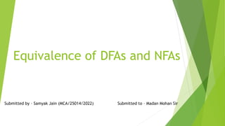 Equivalence of DFAs and NFAs
Submitted by – Samyak Jain (MCA/25014/2022) Submitted to – Madan Mohan Sir
 