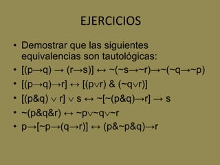 EJERCICIOS Demostrar que las siguientes equivalencias son tautológicas: [(p->q) -> (r->s)] ↔ ~(~s->~r)->~(~q->~p) [(p->q)->r] ↔ [(p  r) & (~q  r)] [(p&q)    r]    s ↔ ~[~(p&q)->r] -> s ~(p&q&r) ↔ ~p  ~q  ~r p->[~p->(q->r)] ↔ (p&~p&q)->r 