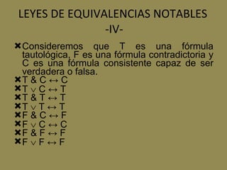 LEYES DE EQUIVALENCIAS NOTABLES  -IV- Consideremos que T es una fórmula tautológica, F es una fórmula contradictoria y C es una fórmula consistente capaz de ser verdadera o falsa. T & C ↔ C T    C ↔ T T & T ↔ T T    T ↔ T F & C ↔ F F    C ↔ C F & F ↔ F F    F ↔ F 