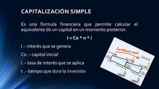 CAPITALIZACIÓN SIMPLE
Es una formula financiera que permite calcular el
equivalente de un capital en un momento posterior.
I = Co * n * i
I .- interés que se genera
Co .- capital inicial
i .- tasa de interés que se aplica
t .- tiempo que dura la inversión
 