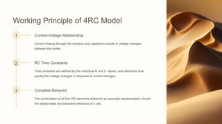 Working Principle of 4RC Model
1 Current-Voltage Relationship
Current flowing through the resistors and capacitors results in voltage changes
between the nodes.
2 RC Time Constants
Time constants are defined by the individual R and C values, and determine how
quickly the voltage changes in response to current changes.
3 Complete Behavior
The combination of all four RC elements allows for an accurate representation of both
the steady-state and transient behaviors of a cell.
 