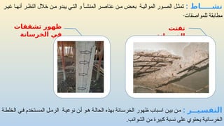 : ‫ـيــر‬
‫التفس‬
‫ة‬‫الخلط‬ ‫ي‬‫ف‬ ‫تخدم‬‫المس‬ ‫ل‬‫الرم‬ ‫ة‬‫نوعي‬ ‫ن‬‫أ‬ ‫و‬‫ه‬ ‫ة‬‫الحال‬ ‫بهذه‬ ‫انة‬‫الخرس‬ ‫ظهور‬ ‫باب‬‫اس‬ ‫ن‬‫بي‬ ‫ن‬‫م‬
.‫الشوائب‬ ‫من‬ ‫كبيرة‬ ‫نسبة‬ ‫على‬ ‫يحتوي‬ ‫الخرسانية‬
: ‫ــــاط‬
‫نشـ‬
‫ر‬‫غي‬ ‫ا‬‫أنه‬ ‫ر‬‫النظ‬ ‫خالل‬ ‫ن‬‫م‬ ‫يبدو‬ ‫ي‬‫الت‬ ‫و‬ ‫أ‬‫المنش‬ ‫ر‬‫عناص‬ ‫ن‬‫م‬ ‫ض‬‫بع‬ ‫ة‬‫الموالي‬ ‫ور‬‫الص‬ ‫ل‬‫تمث‬
·‫للمواصفات‬ ‫مطابقة‬
‫تشققات‬ ‫ظهور‬
‫الخرسانة‬ ‫في‬
‫تفتت‬
‫الخرسانة‬
 