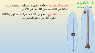 4-2
:
‫األدوات‬
: ‫المستعملة‬
‫طوانية‬ ‫أس‬ ‫برة‬ ‫مخ‬
‫ن‬ ‫م‬ ‫ة‬ ‫مرقم‬ ،‫دادة‬ ‫بس‬ ‫مجهزة‬ ‫ة‬ ‫شفاف‬
00cm
‫حتى‬ ‫القاعدة‬ ‫في‬
38
cm
‫األعلى‬ ‫في‬
: ‫س‬ ‫مكب‬
‫اوي‬ ‫تس‬ ‫ة‬ ‫متحرك‬ ‫ة‬ ‫بكتل‬ ‫ز‬ ‫مجه‬
1000g
،
.‫المخبرات‬ ‫قطر‬ ‫من‬ ‫أقل‬ ‫قطره‬
 