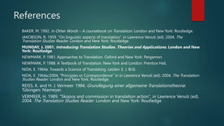 References
BAKER, M. 1992. In Other Words – A coursebook on Translation. London and New York: Routledge.
JAKOBSON, R. 1959. “On linguistic aspects of translation”, in Lawrence Venuti (ed). 2004. The
Translation Studies Reader. London and New York: Routledge.
MUNDAY, J. 2001. Introducing Translation Studies. Theories and Applications. London and New
York: Routledge.
NEWMARK, P. 1981. Approaches to Translation. Oxford and New York: Pergamon.
NEWMARK, P. 1988. A Textbook of Translation. New York and London: Prentice Hall.
NIDA, E. 1964a. Towards a Science of Translating. Leiden: E. J. Brill.
NIDA, E. 1964a/2004. “Principles or Correspondence” in in Lawrence Venuti (ed). 2004. The Translation
Studies Reader. London and New York: Routledge.
REISS, K. and H. J. Vermeer. 1984. Grundlegung einer allgemeine Translationstheorie.
Tübingen: Niemeyer.
VERMEER, H. 1989. “Skopos and commission in translation action”, in Lawrence Venuti (ed).
2004. The Translation Studies Reader. London and New York: Routledge
 