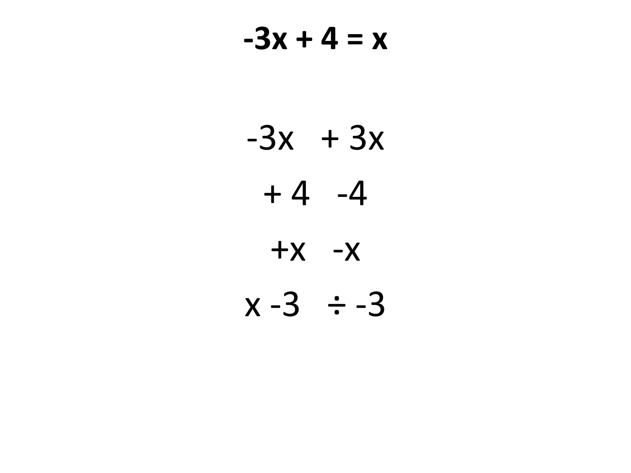 -3x + 4 = x-3x   + 3x+ 4   -4+x   -xx -3   ÷ -3