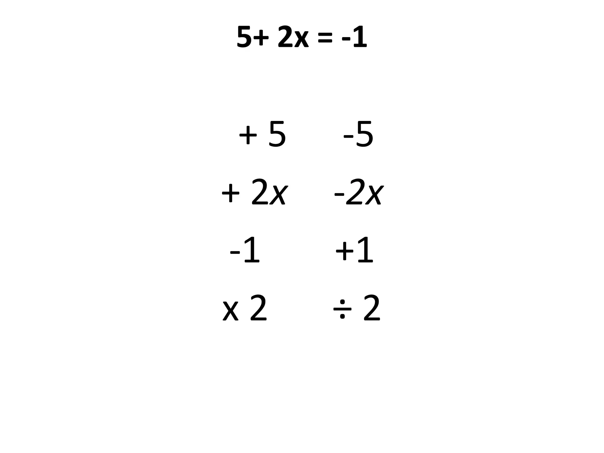 5+ 2x = -1  + 5      -5+ 2x     -2x-1        +1x 2       ÷ 2