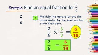7
Example: Find an equal fraction for
2
6
𝟐
𝟔
1
Multiply the numerator and the
denominator by the same number
other than zero.
𝟐
𝟔
×
𝟑
𝟑
=
𝟔
𝟏𝟖
𝟐
𝟔
=
𝟔
𝟏𝟖
 