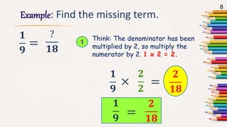 8
Example: Find the missing term.
𝟏
𝟗
1
Think: The denominator has been
multiplied by 2, so multiply the
numerator by 2. 1 x 2 = 2.
𝟏
𝟗
×
𝟐
𝟐
=
𝟐
𝟏𝟖
𝟏
𝟗
=
𝟐
𝟏𝟖
=
?
𝟏𝟖
 