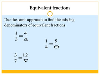 Equivalent fractions Use the same approach to find the missing denominators of equivalent fractions 