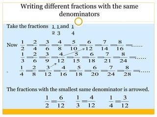 Writing different fractions with the same denominators Take the fractions  1  1  and  1 2  3  4 Now The fractions with the smallest same denominator is arrowed.  