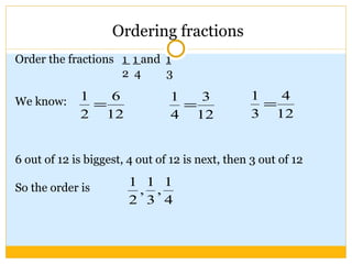 Ordering fractions Order the fractions  1  1  and  1 2  4  3 We know: 6 out of 12 is biggest, 4 out of 12 is next, then 3 out of 12 So the order is 